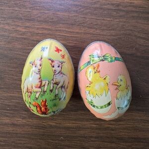 Vintage Murray Allen, eggs, tin metal pair Easter, chicks, bunnies, squirrel